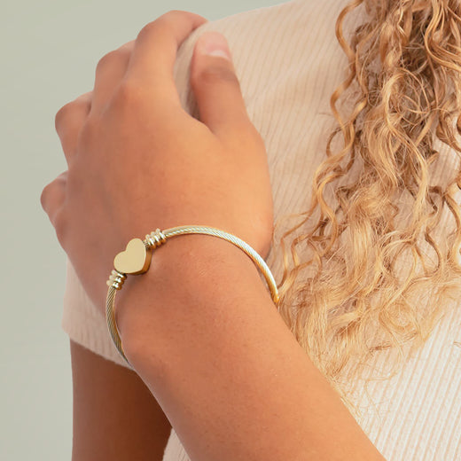 Engravable Heart Cuff Bracelet — Personalized Stainless Steel Bangle (Silver or Gold)