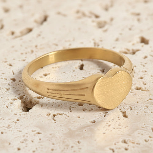 Gold Stainless Steel Heart Signet Ring — Engravable Personalized Valentine's Gift