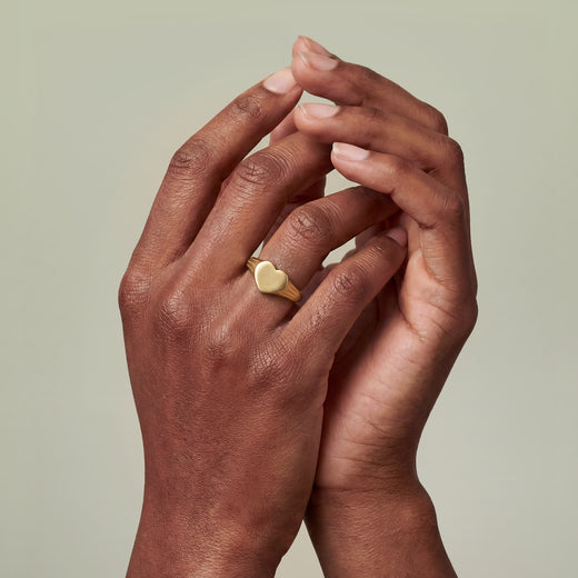 Gold Stainless Steel Heart Signet Ring — Engravable Personalized Valentine's Gift